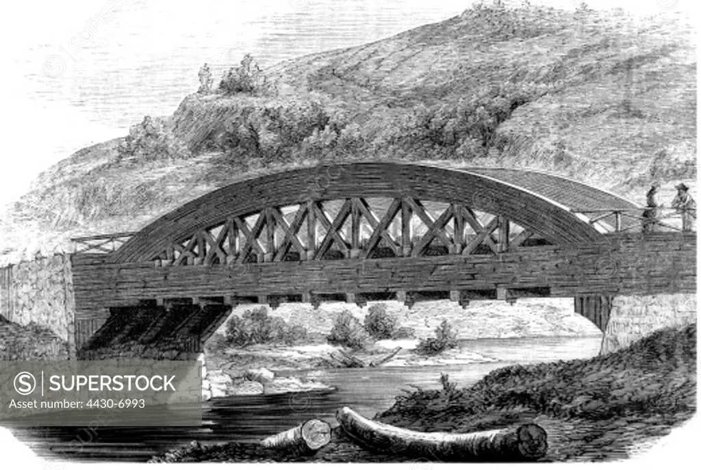 Norway bridges wooden bridge near Landsverk wood engraving circa 1870,