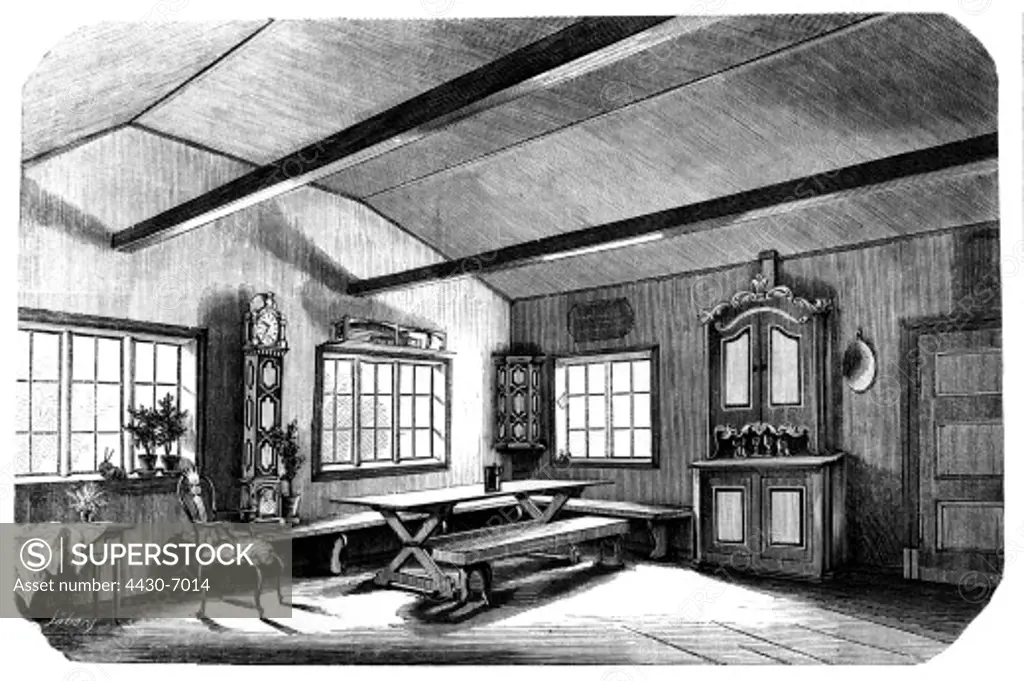 Norway flat typical parlor in the Oesterdalen wood engraving circa 1870,