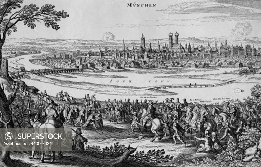 events Thirty Years War 1618 - 1648 Swedish intervention the Swedish led by King Gustavus Adolphus taking Munich 17.5.1632 copper engraving by Mattth_us Merian ""Topographia Bavaria"" 1643/1657,
