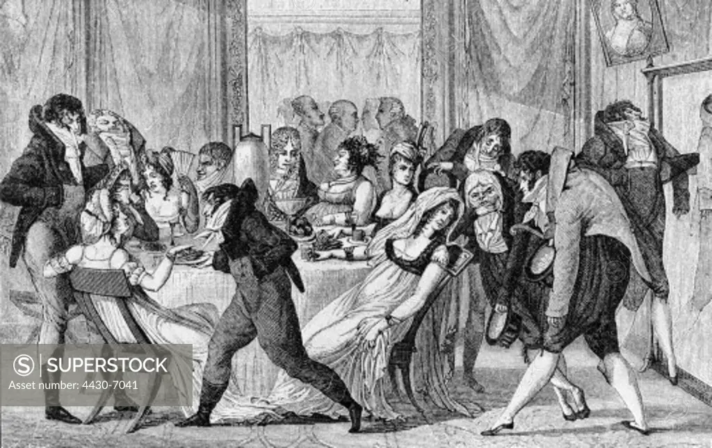 food and beverages tea tea party Paris 19th century turn of the 18th century copper engraving by Adolphe Godefroy after drawing from H. S. Harriet,