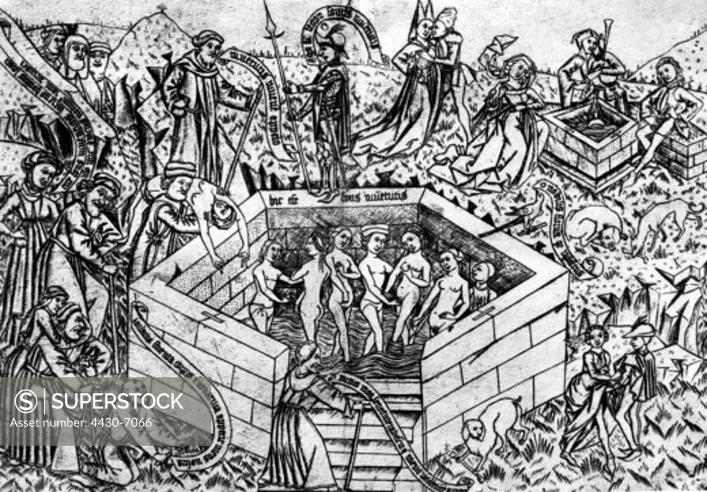bathing fountain of youth copper engraving of the Master with the Banderoles circa 1465,