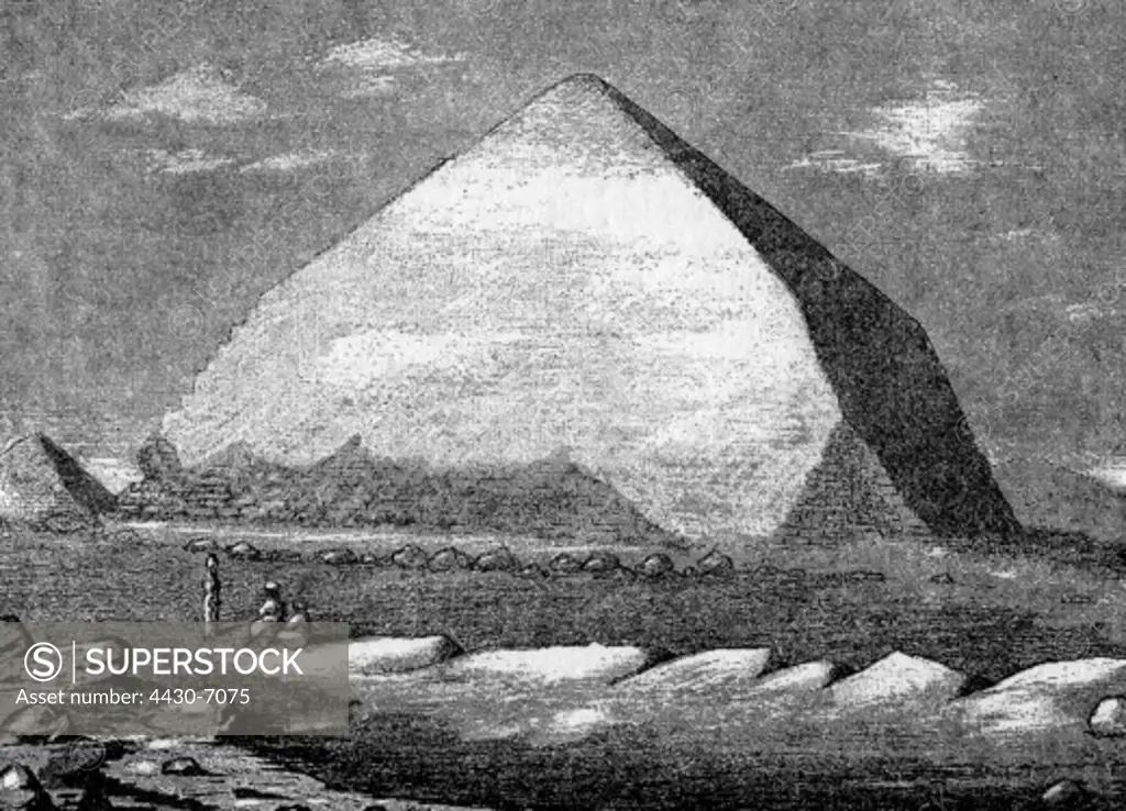 Egypt Dashur Snofru's Bent Pyramid original engraving 19th century,