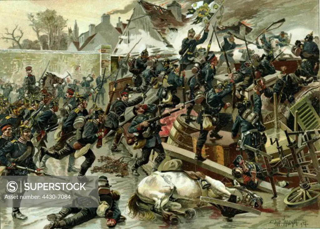 events Franco-Prussian War 1870 - 1871 skirmish at Le Bourget 30.10.1870 Prussian guard storming a barricade engraving after Christian Speyer 1894,