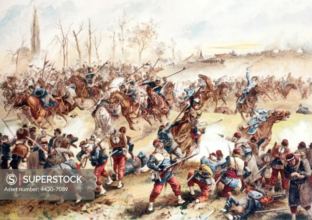 events Franco-Prussia War 1870 - 1871 Battle of Saint-Quentin 19.1.1871 charge of Prussian cavalry chromolithograph after Franz Amling circa 1895,