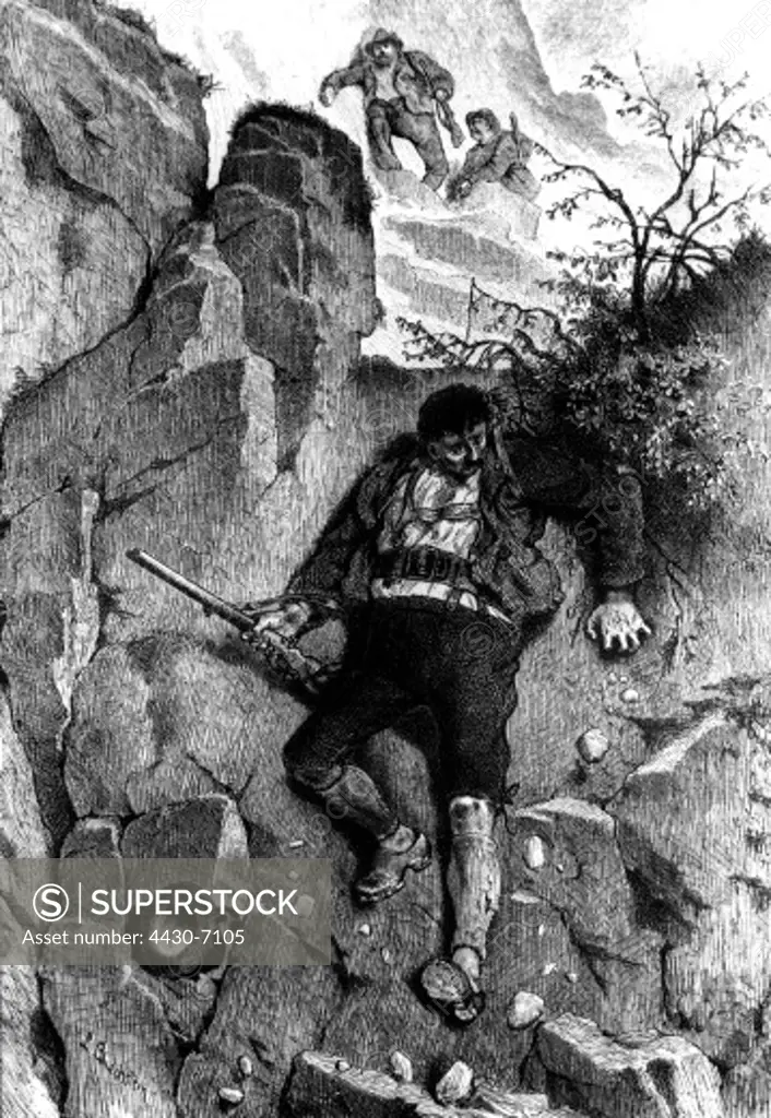 hunt poacher poacher seeking hiding-place after drawing by L.Bechstein 1868 wood engraving from: Hermann von Schmid ""Almenrausch und Edelweiss"" 1873,