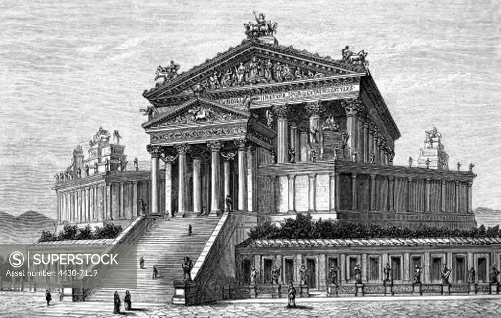 Italy Rome Capitoline Hill Temple of Jupiter Capitolinus exterior view circa 100 AD reconstruction after Luigi Canina wood engraving 19th century,