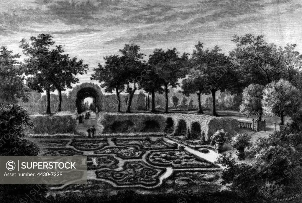 architecture gardens Tuileries Garden layed out 1564 view circa 1600 wood engraving 19th century,