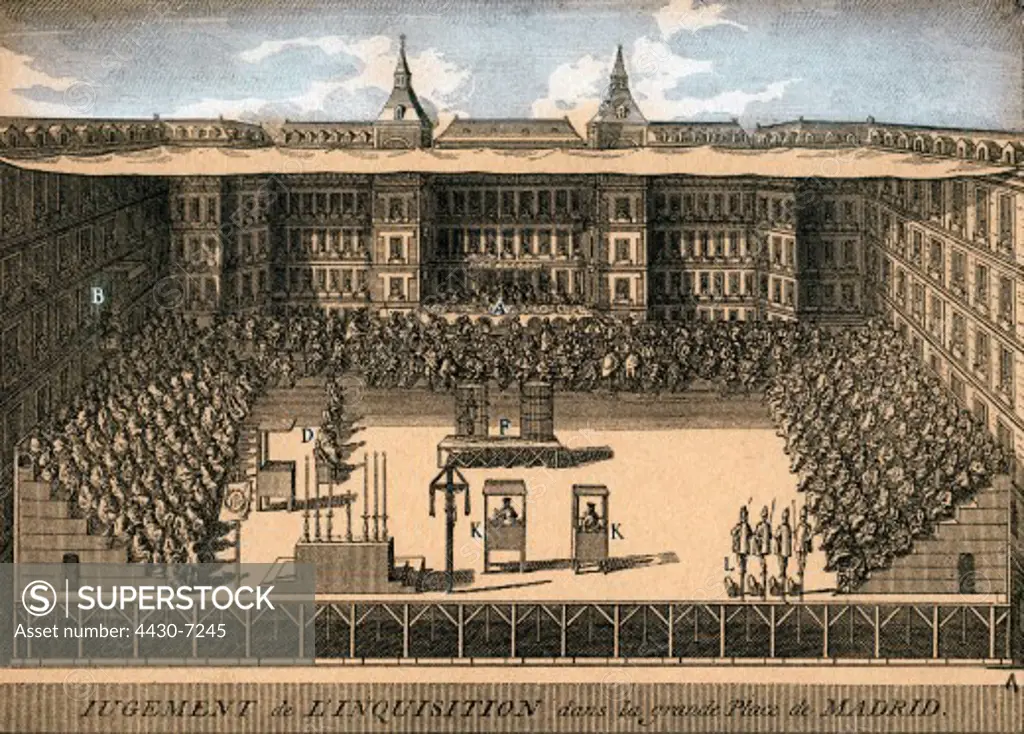 justice inquisition Spanish inquisition court of Madrid copper engraving early 18th century,