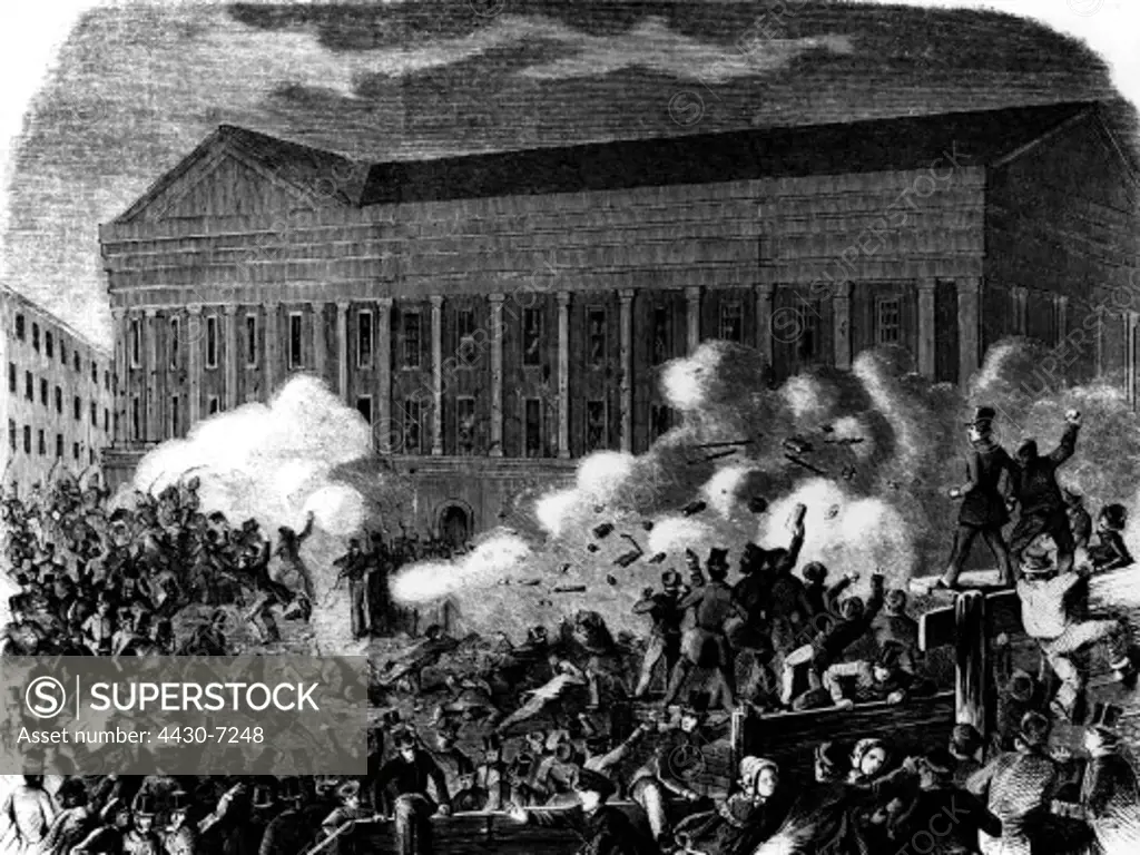 United States of America New York events Astor Place Riot 10.5.1849 fight between militia and demonstrating citizen wood engraving 19th century,