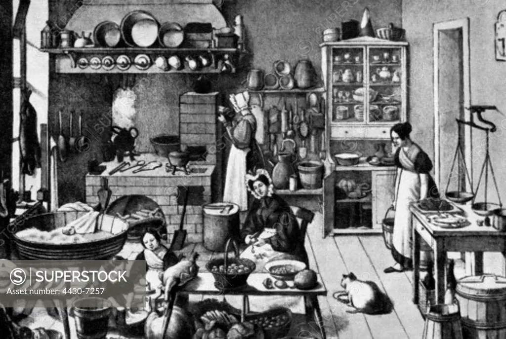 household kitchen and kitchenware kitchen in times of old Berlin Germany after contemporary lithograph by O. Wilke circa 1839,