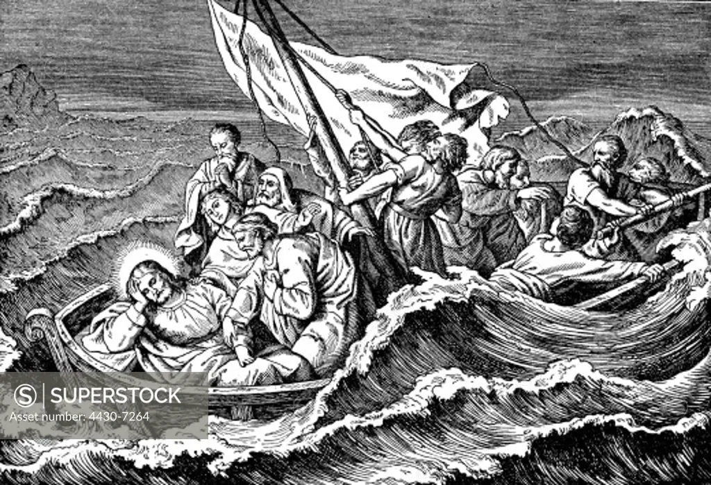 religion biblical scene Jesus Christ ""The Storm on the Sea"" wood engraving Germany 19th century,