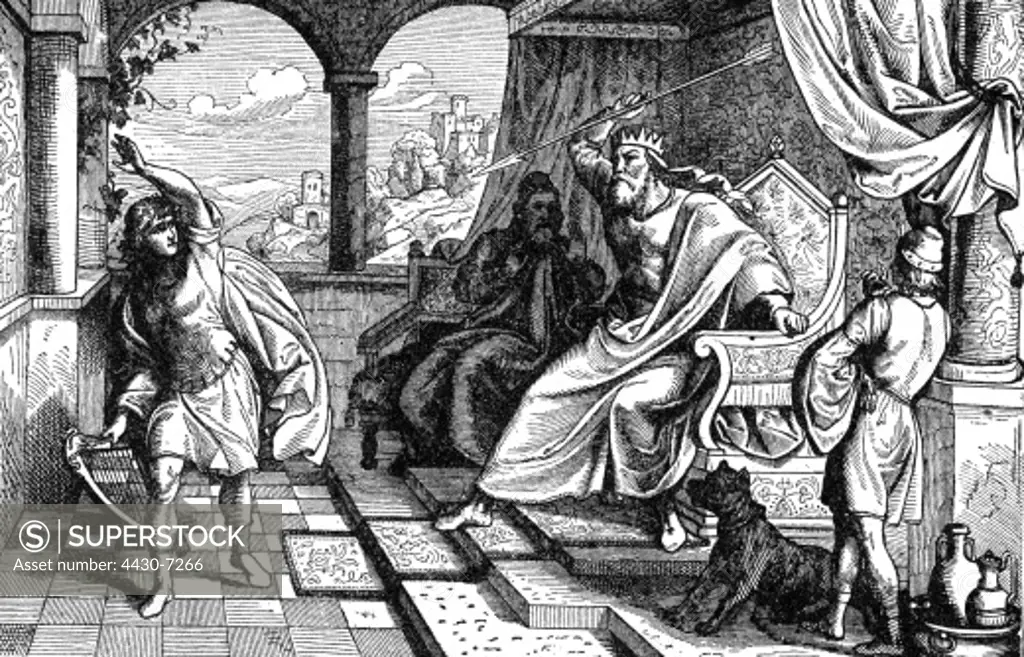 religion biblical scene ""Saul tries to kill David"" wood engraving Germany 19th century,