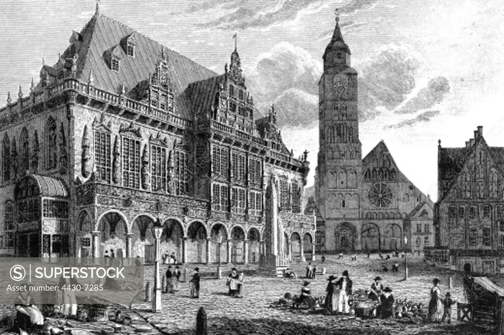 Germany Bremen Town Hall exterior view woodengravin by J. Godden after drawing by Captain Batty early 19th century,