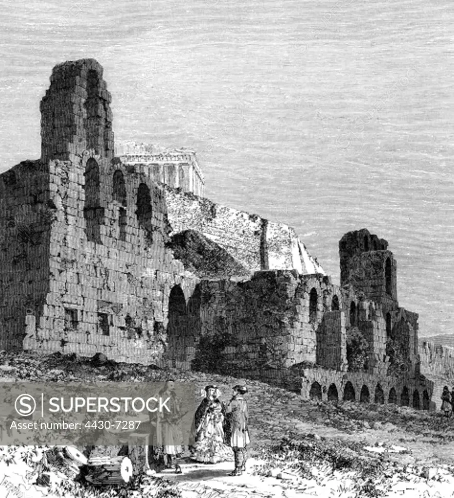 Greece Athens theatres odeon of the Herod Atticus view wood engraving after E. Thernond 1860,