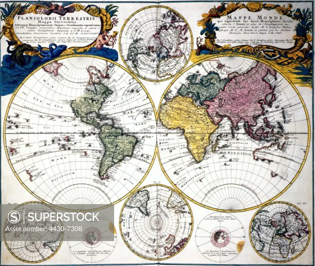 cartography world maps map of Johann Matthias Hase ""Planiglobii terrestris mappa universalis"" 1746,