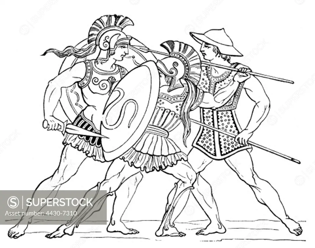 military ancient world Greece fighting warriors wood engraving 19th century,