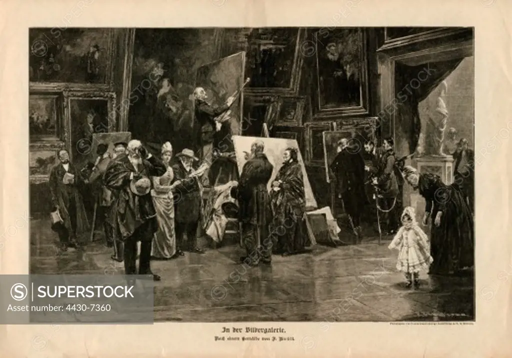 exhibitions fine arts picture gallery wood engraving after painting by Ferdinand Bruett Germany 1889,