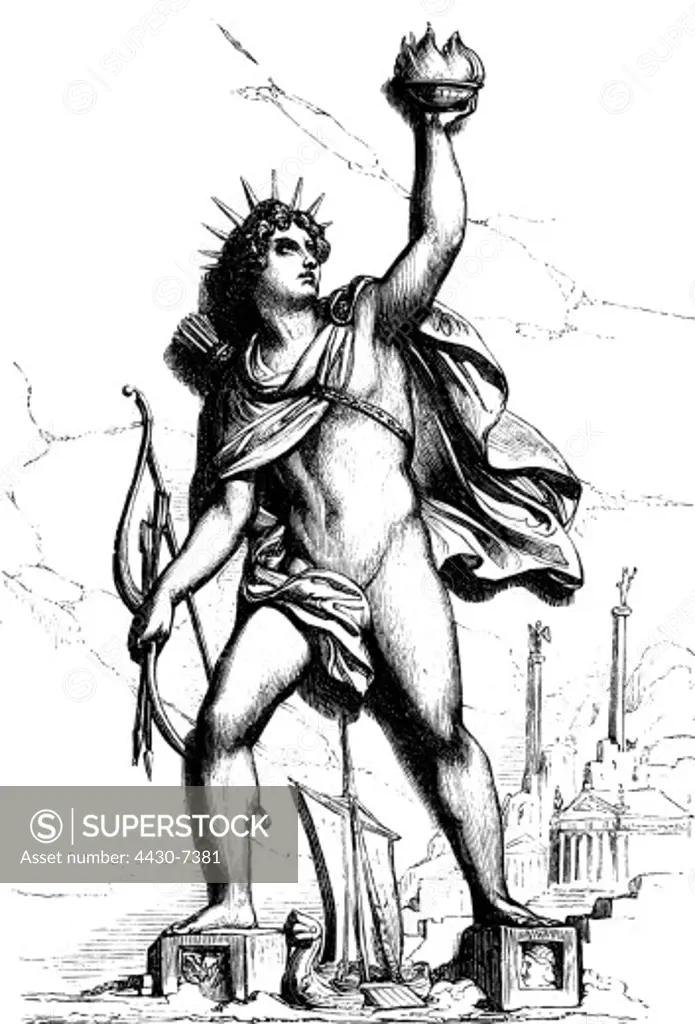 ancient world wonder of the world Colossus of Rhodes statue of Helios reconstruction engraving 19th century,