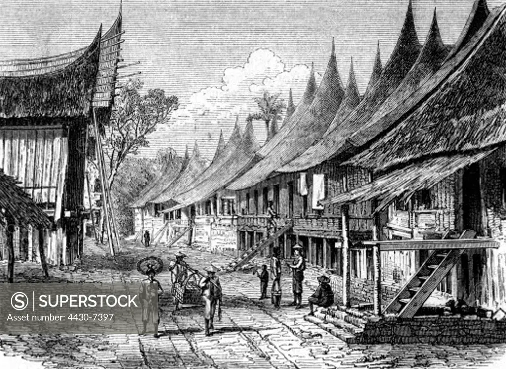 Indonesia Sumatra street and village wood engraving 19th century,