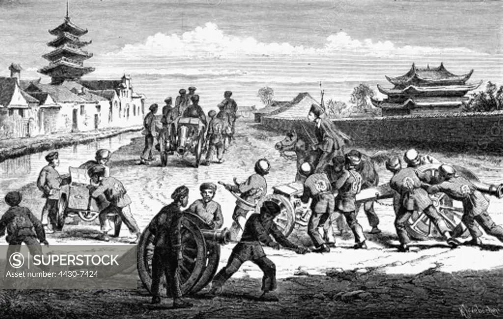 China politics military Chinese artillery 1860s or 1870s wood engraving late 19th century,