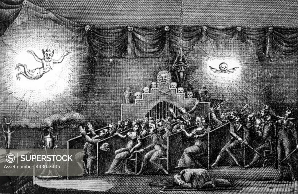 movie cinema magic latern apparition by the ""Phantascope"" of Etienne Gaspard Robertson copper engraving 1797,