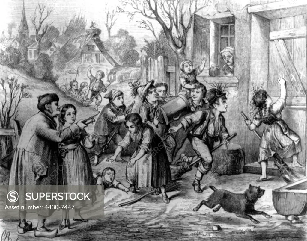 custom Walpurgis game in Brandenburg at 1st May expulsion of witches by children wood engraving by Rechlin 1860,