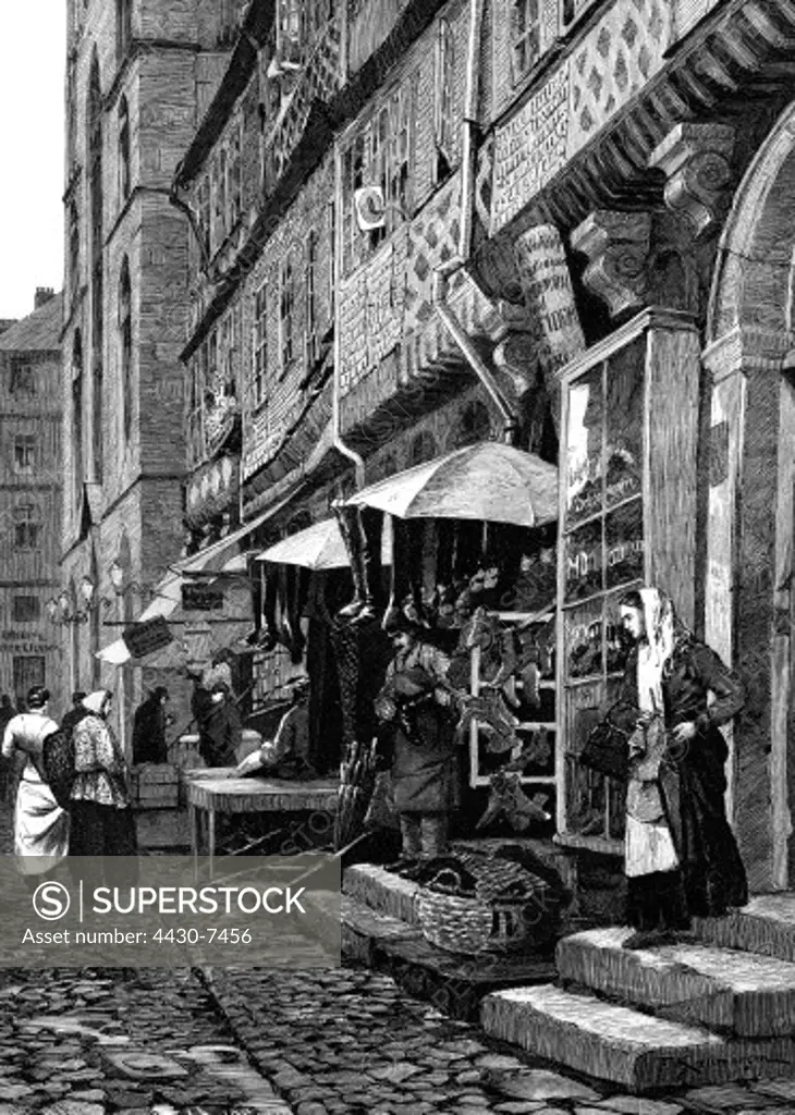 Germany Frankfurt am Main streets Judengasse shop for boots and dresses wood engraving after drawing by F. Kallmorgen 1882,