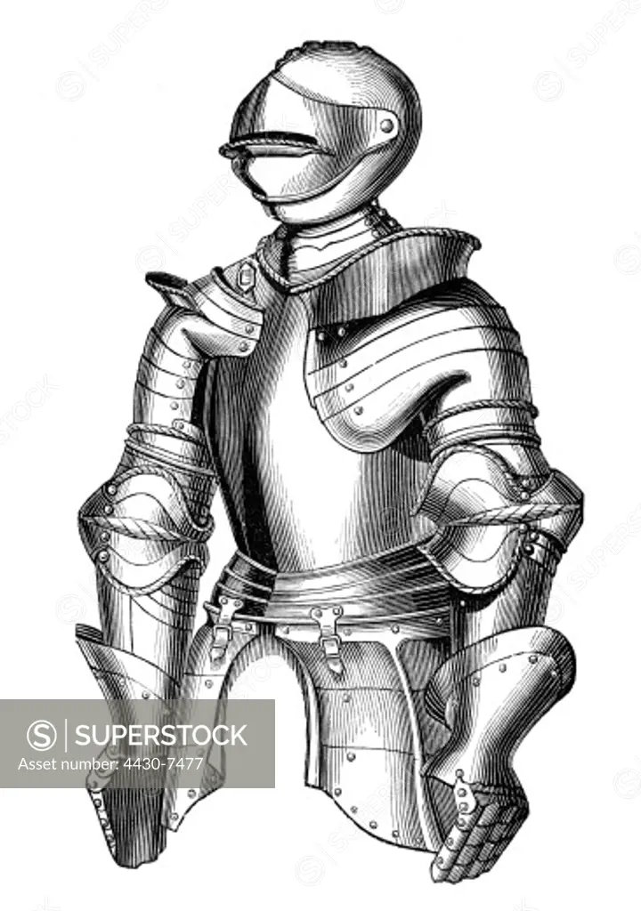 military Middle Ages armour Maximilian plate armour circa 1460 wood engraving 19th century after an original at the Artillery Museum of Paris,