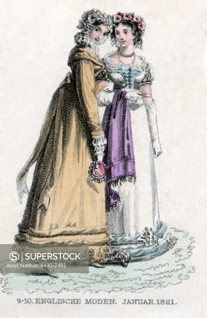 fashion ladie's fashion 19th century England two women coloured engraving January 1821,