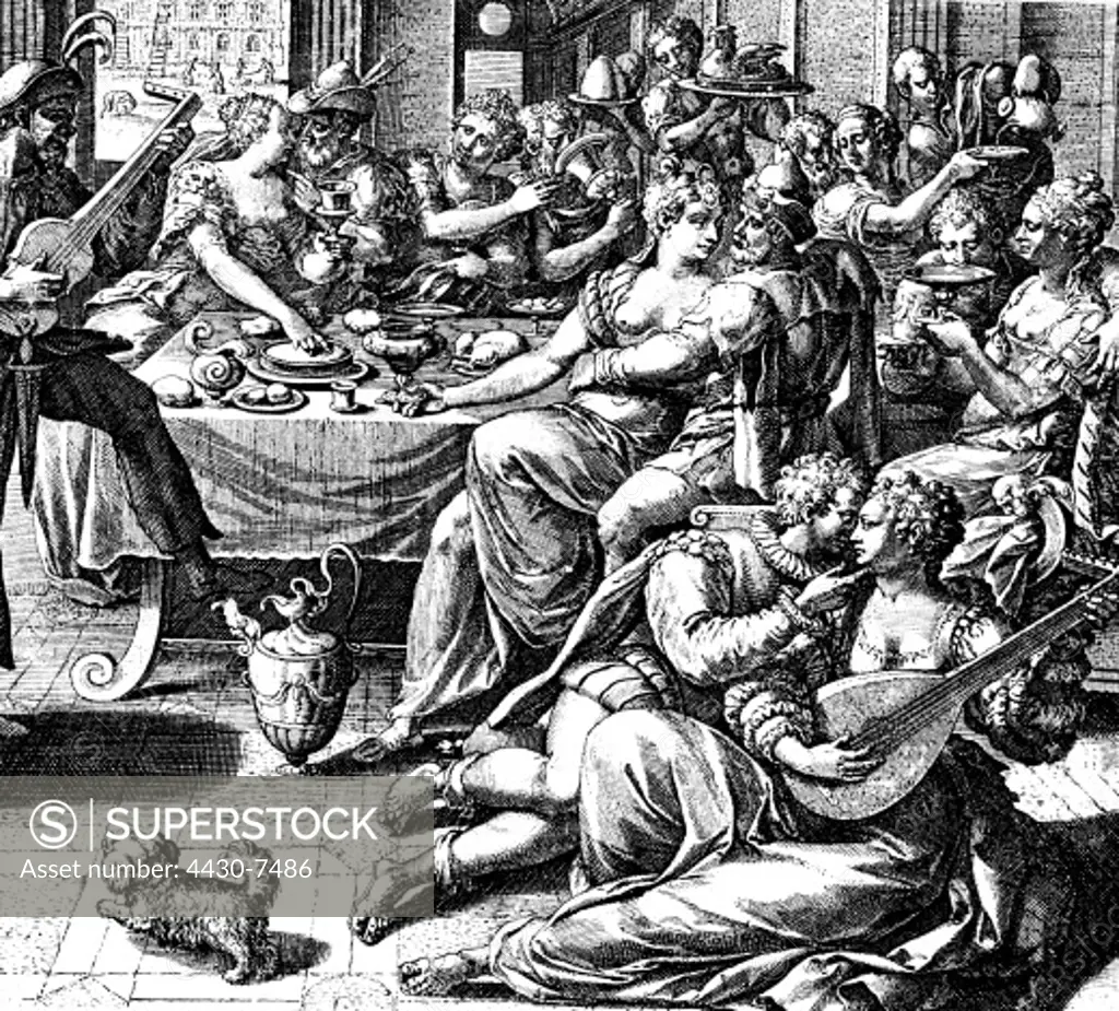 festivities orgies binges and harem feasts drunkenness and wantonness copper engraving by Martin de Vos (circa 1531 - 1603) detail 16th century,