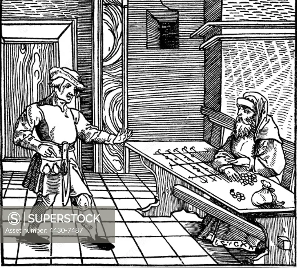 money finance banking lending peasant at the Jewish moneylender woodcut out of: Cicero ""De Officiis"" 1531,