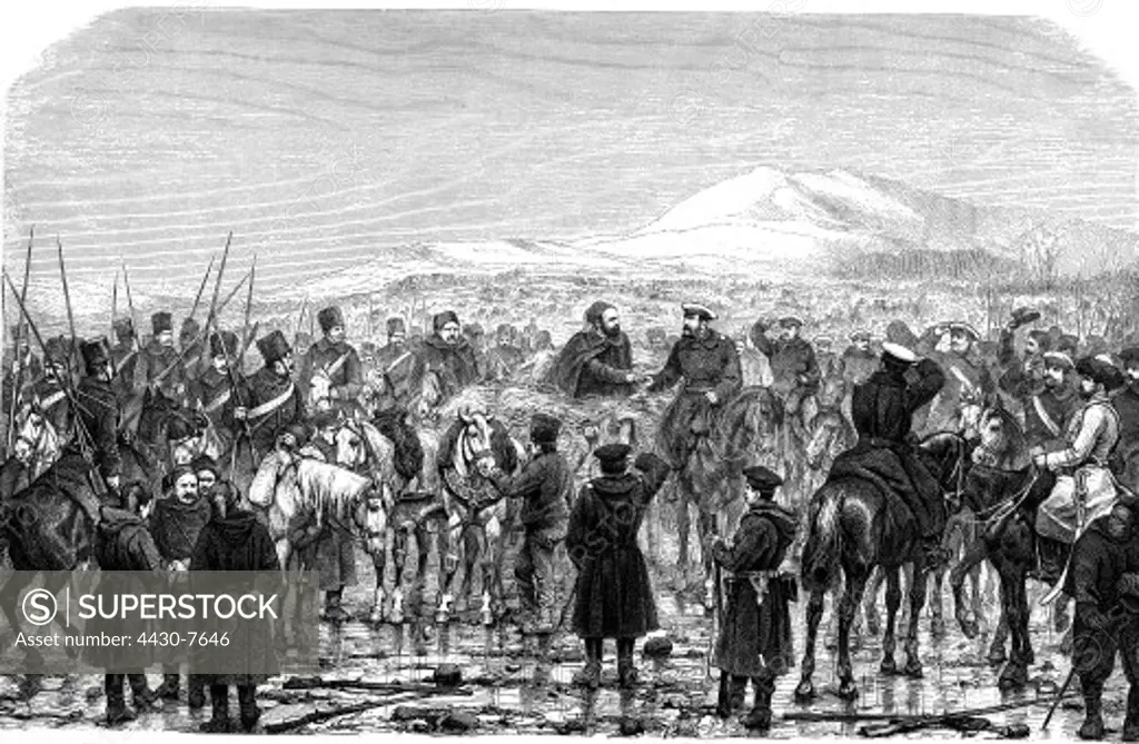 events Russo-Turkish War 1877 - 1878 surrender of Plevna 10.12.1877 meeting between Osman Pasha and Gran Duke Alexander Alexandrovich contemporary wood engraving,