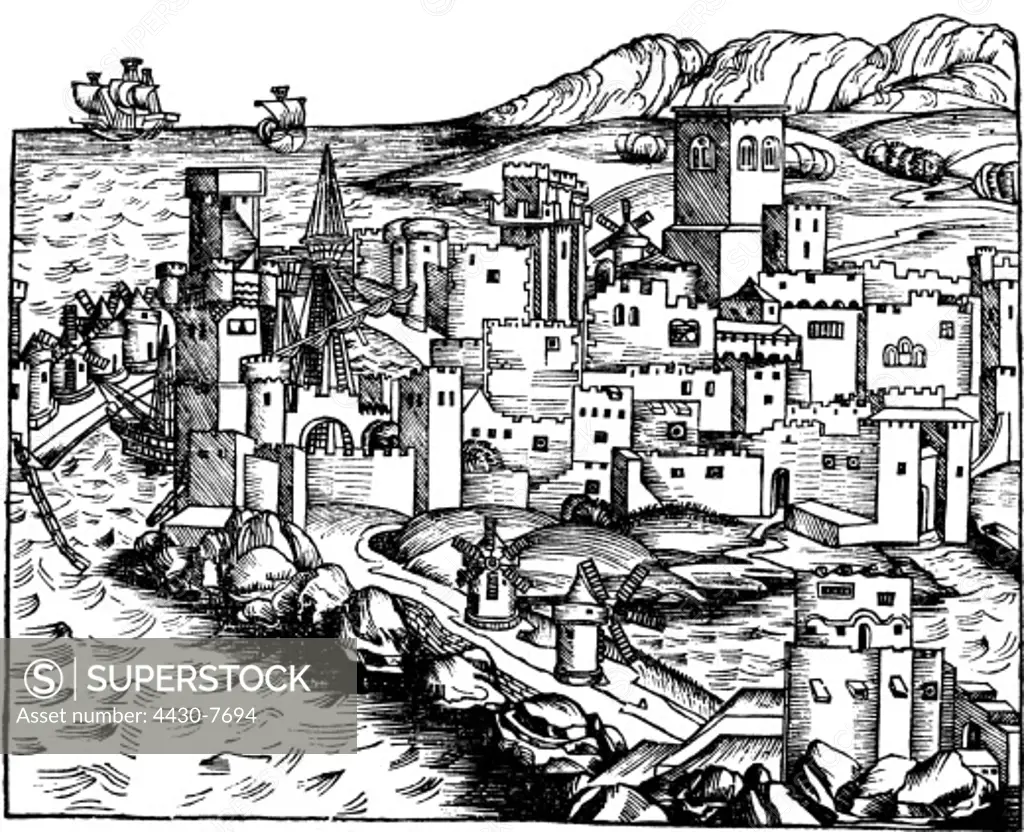 Greece isles City of Rhodes view woodcut of Michael Wolgemut or Wilhelm Pleydenwurff chronicle of Hartmann Schedel Nuremberg 1493 Schedelsche Weltchronik middle ages Germany 15th century,