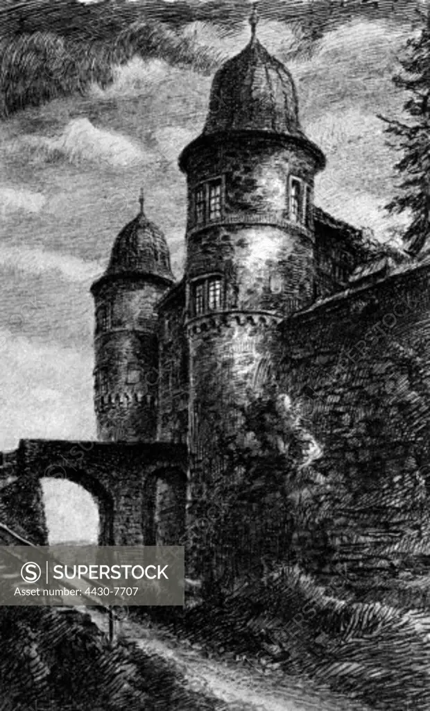 architecture castles Germany Baden-Wuerttemberg Wertheim Castle postcard after drawing by W. Jerling circa 1900,