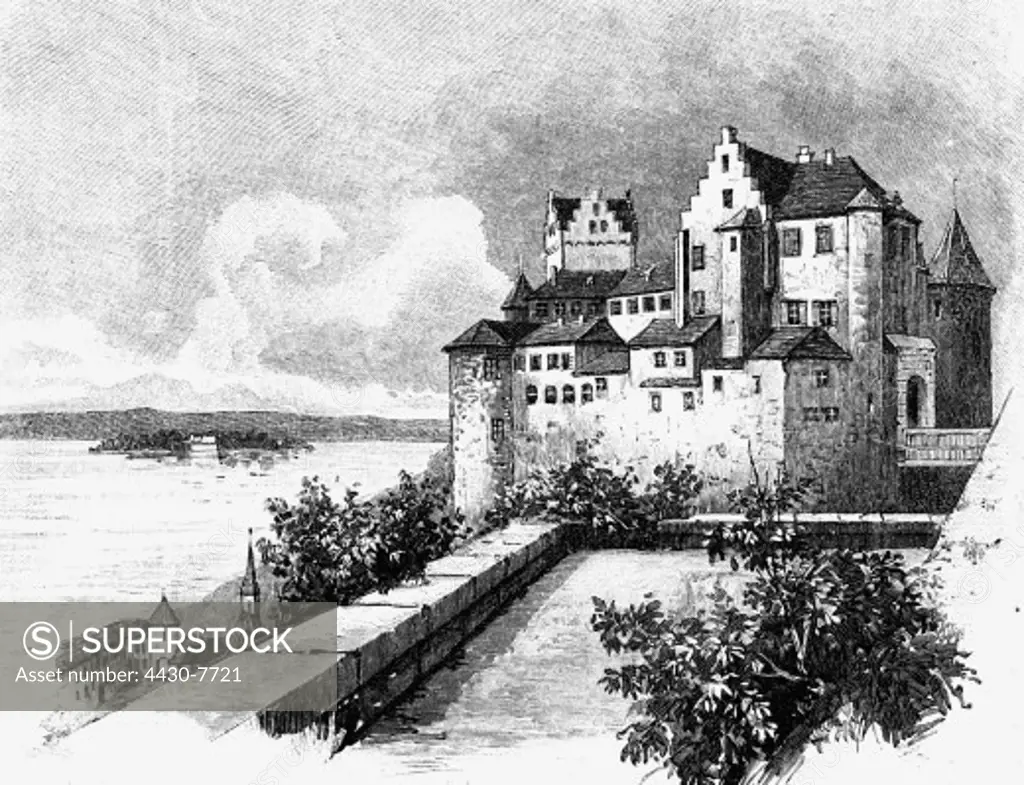 Germany Meersburg Old Castle exterior view wood engraving 19th century,