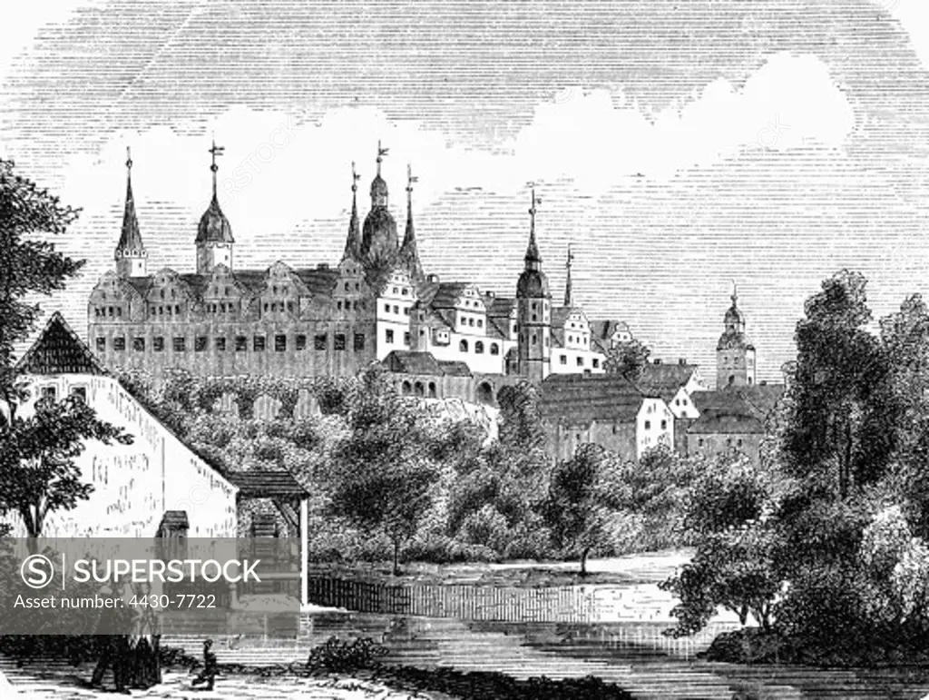 Germany Merseburg castle exterior view Mechau Mill in foreground wood engraving circa 1880,