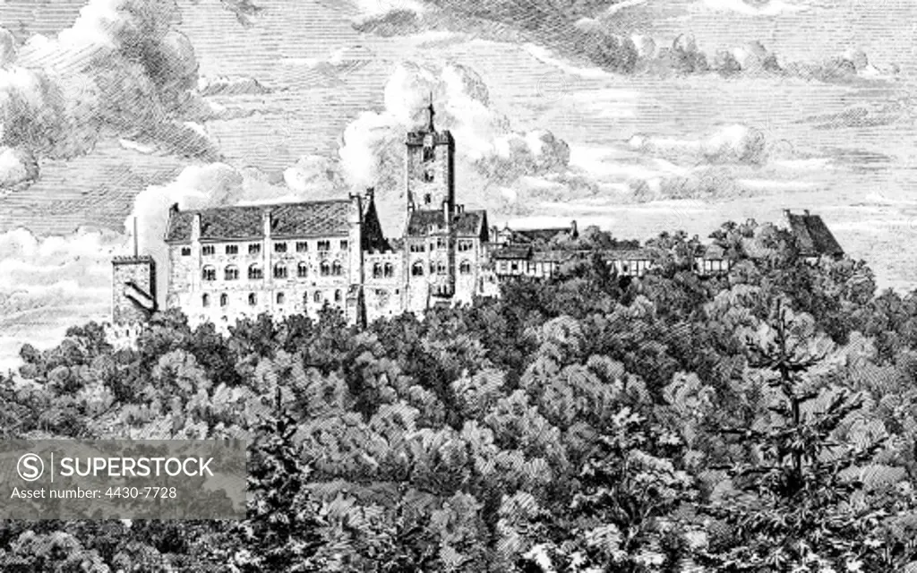 Germany Eisenach Wartburg exterior view wood engraving 2nd half 19th century,
