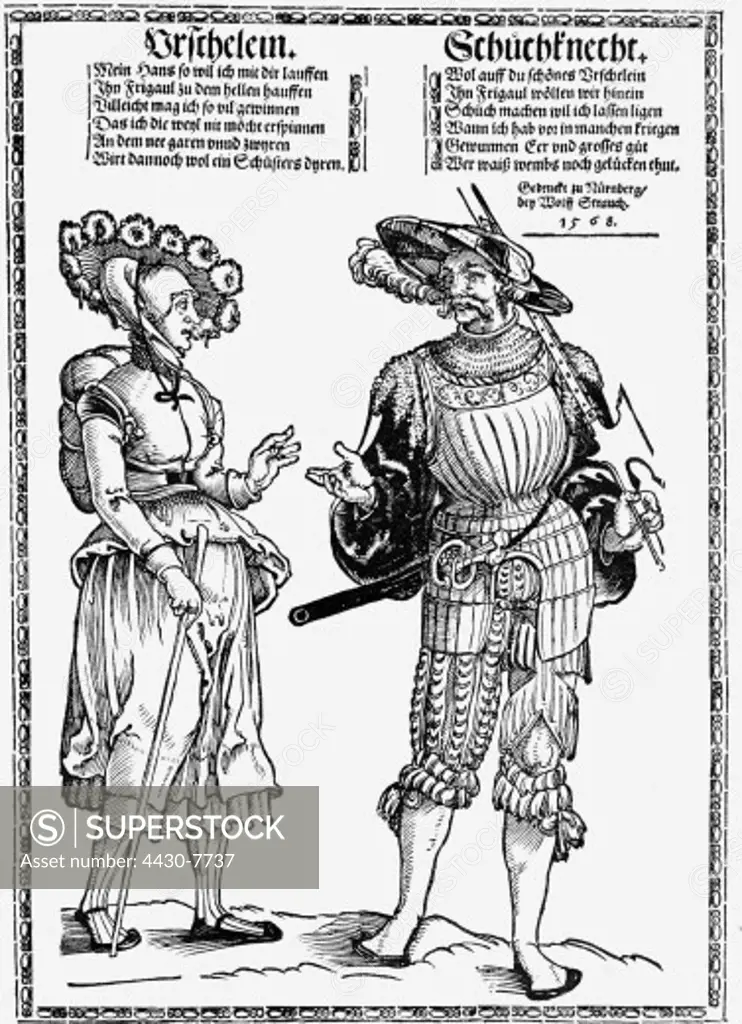 military Landsknechts craftman becomes Landsknecht and goes to war woodcut by Peter Floetner printed by Wolff Strauch Nuremberg 1568,
