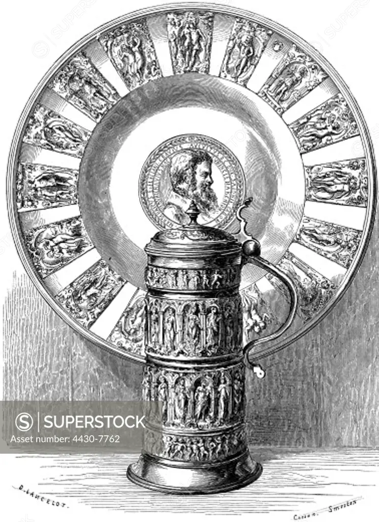 household drinking vessel dishes cutlery beer mug and bowl ornamented with scenes of the life of Prince-Elector August of Saxony tin 16th century wood engraving 1865,