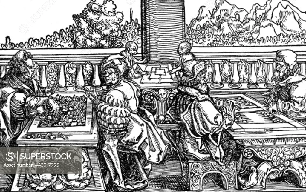 games chess Ludus duodecim scriptorum and Nine Men's Morris played by men woodcut by Hans Weiditz to ""Trostspiegel im Glueck und Unglueck"" by Francesco Petrarca (1304 - 1374) Frankfurt Main 1596,