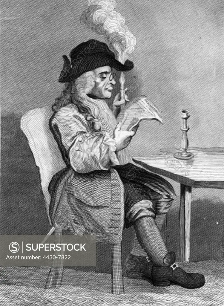 Great Britain politics politician caricature of William Hogarth firing his hat with a candle,