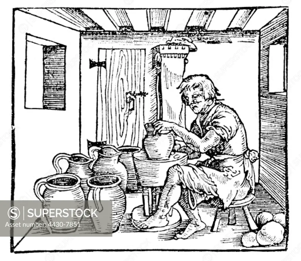 people professions potter at the potter's wheel woodcut German edition of the works of Publius Vergilius Maro Augsburg 1544,