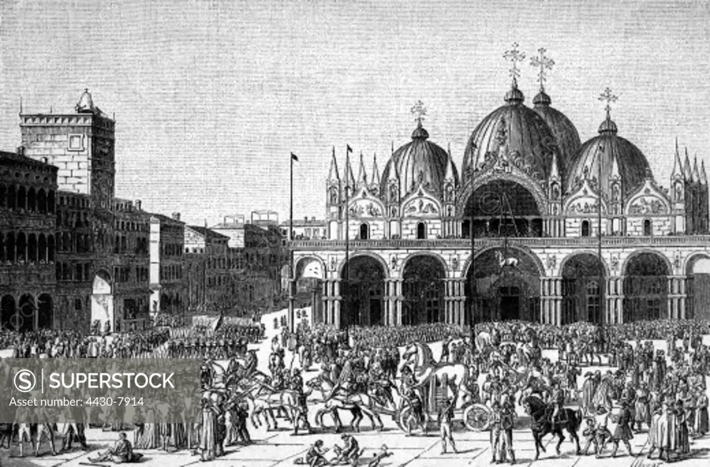 Italy Venice events deprivation of the ancient horses from San Marco Cathedral by the French 1797 wood engraving 19th century after copper engraving by Jean Duplessi-Bertaux,