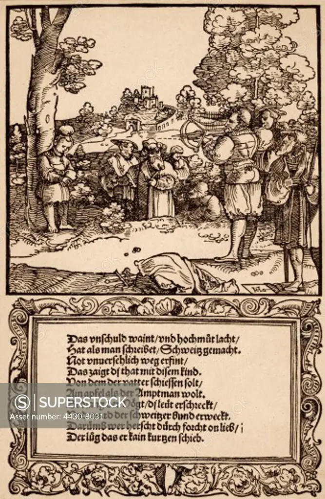 Tell William national hero of Switzerland ""The story of Wilhelm Tell"" by Hans Schaeufelein woodcut 16th century,