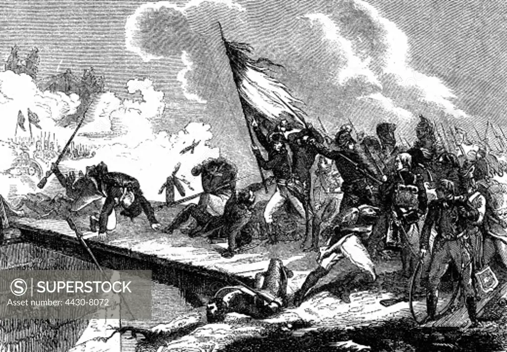 events War of the First Coalition 1792 - 1797 Battle of Arcole 15.- 17.11.1796 General Napoleon Bonaparte on the Bridge 15.11.1796 wood engraving 19th century,
