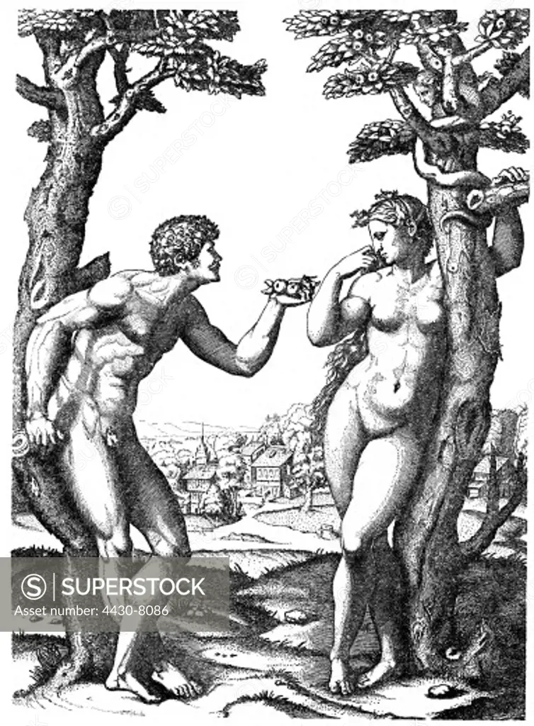 religion biblical scenes Adam and Eve the Fall of Man copper engraving by Marcantonio Raimondi after painting by Raffael Italy circa 1520,