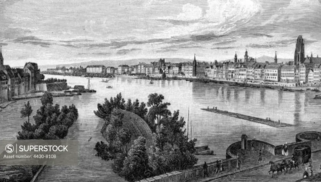 geography/travel Germany Frankfurt am Main view Main river engraving after drawing by T. T. Siegmund circa 1850 Hesse 19th century,