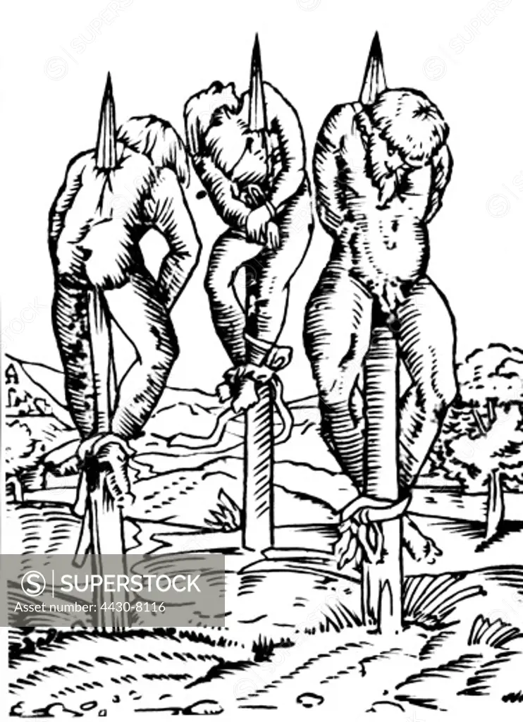 justice penitentiary system impale death of the insurgent peasants under Kostka Napierski woodcut 1651,