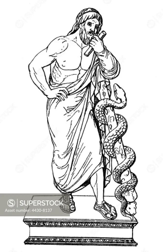 Asclepius Greek god of medicine drawing 19th century after Roman ivory relief,