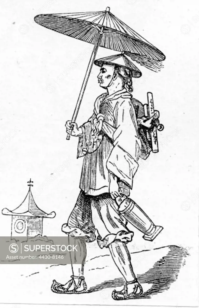 mail post postmen official postman of Formosa Strait (Taiwan) wood engraving 19th century,